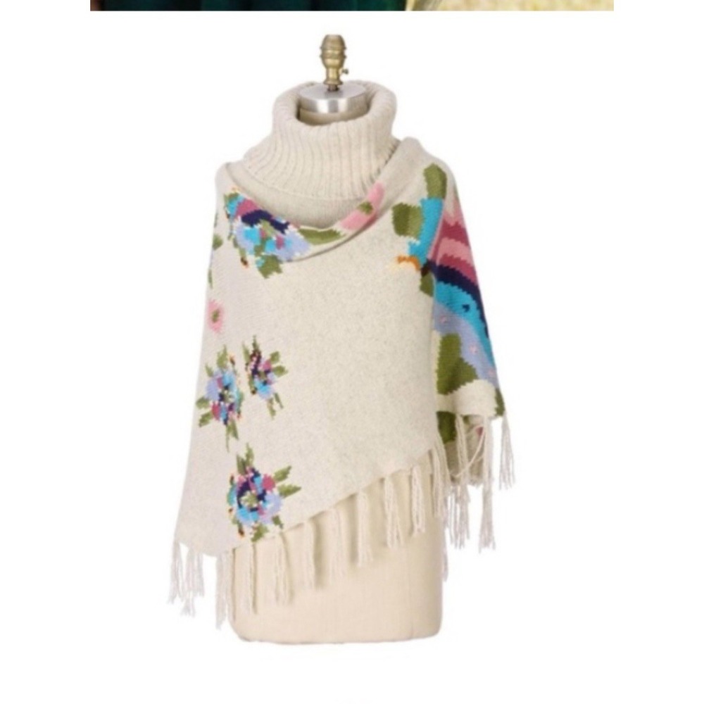 Anthropologie Sleeping on Snow Wool Angora Fringe Floral Poncho Wrap TurtleneckM